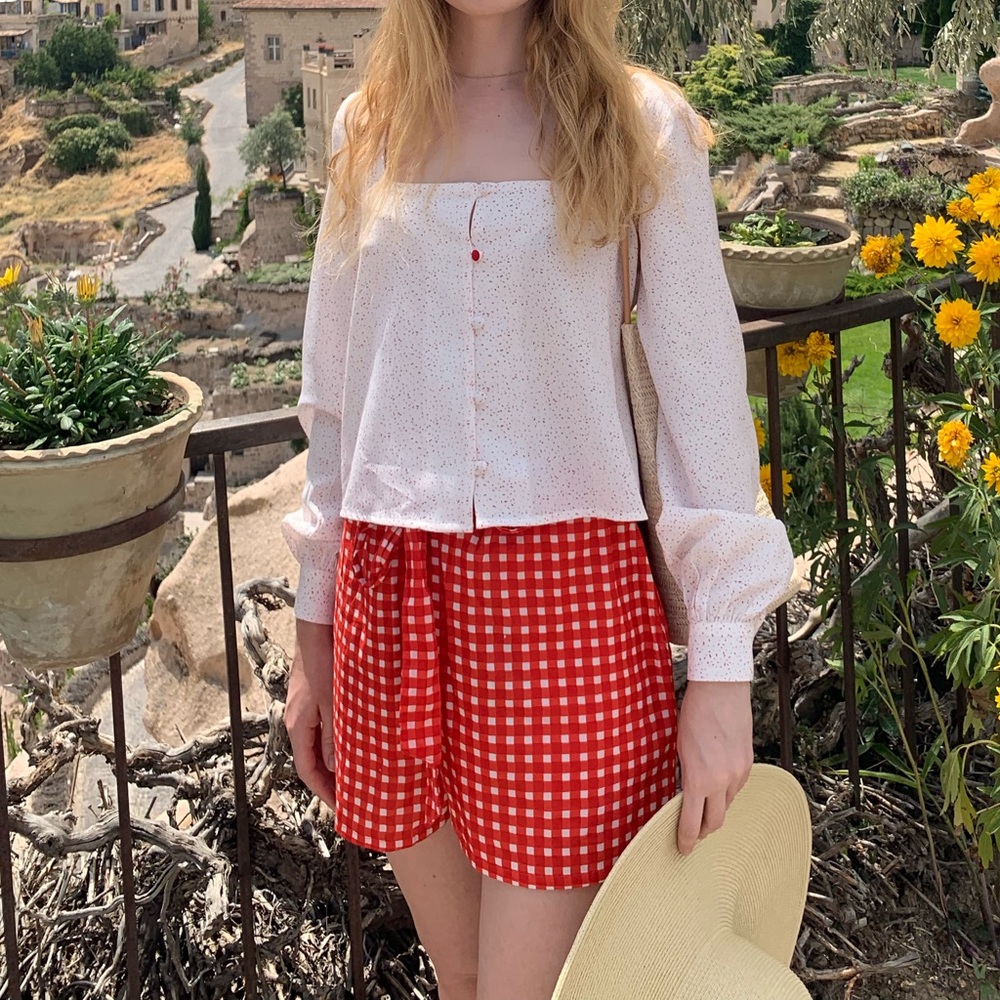 Yargici Red Gingham Checkered High Waist Shorts